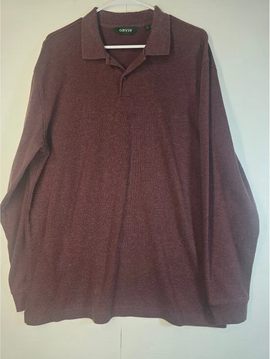Orvis Mens Large Burgundy Maroon Long Sleeve Polo Shirt Cotton Made In Peru