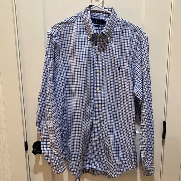 Ralph Lauren Mens Slim Fit Non-Iron Gingham Button Down Shirt Blue White Large