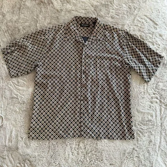 Brandini Men’s XXL 100% Silk Button-Down Shirt Black Beige Geometric Print Aloha