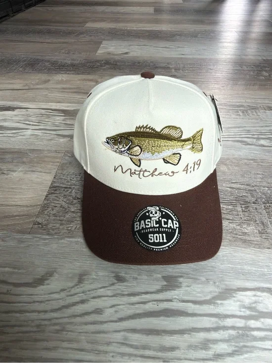 Embroidered Fish Trucker Hat - Cream and Brown by