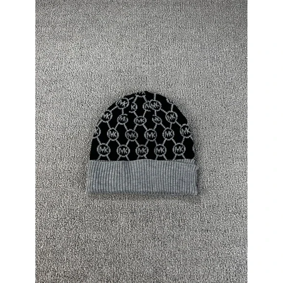 Michael Michael Kors Knit Beanie Hat Black Silver Metallic MK Monogram Logo