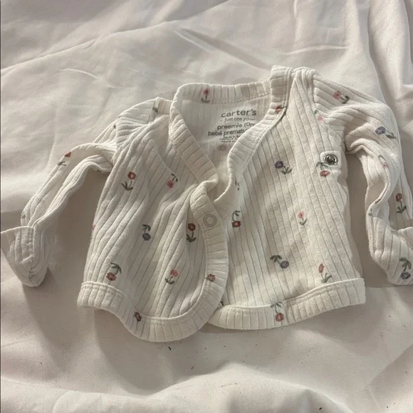 Carter's Baby Cardigan with Subtle Floral Accents and mitts preemie