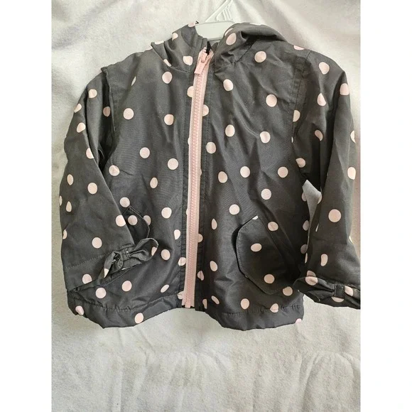 Carters 18M Girls Polka Dot Hooded Jacket Gray Pink Bows Fleece Lined 1001