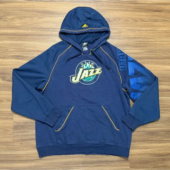 VTG Y2K Adidas Utah Jazz Logo NBA Hoodie Sweatshirt Navy Blue Men's Sz L