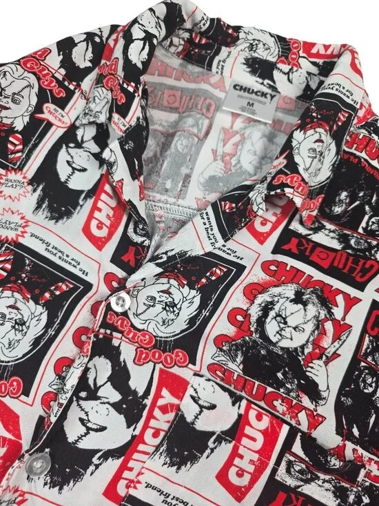 Chucky Mens Button-Down Shirt With Red & Black Horror Comic Print Size Medium