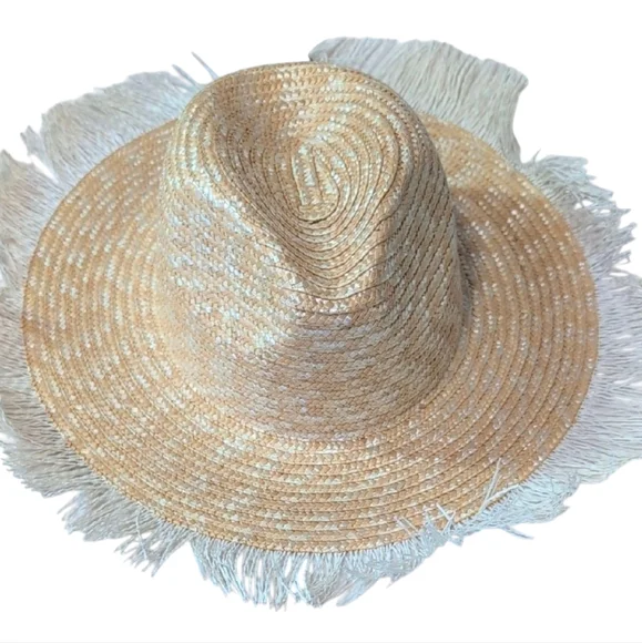 Kensie Tan and White Bohemian Straw Hat with Fringe