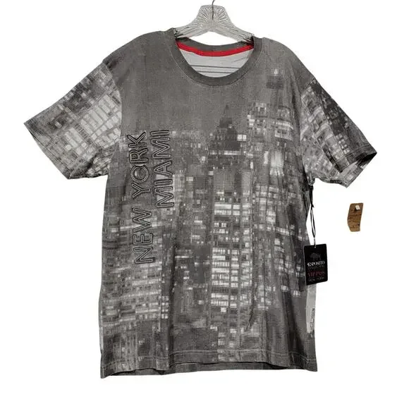 Mens Large Miami All Over Big City Lights Palms Print Pullover Tshirt Y2K Grunge