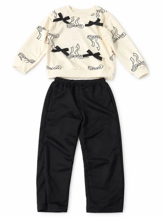 Girls Cream and Black Bow Two-Piece Pajama Set
