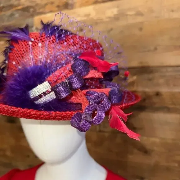 Custom Red Derby Hat Purple Feathers Rhinestones Netting Church Tea Party Events