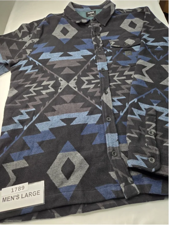 Hurley Santa Cruz Jacquard Men’s Large Long Sleeve Shirt Black Blue NWT #1789