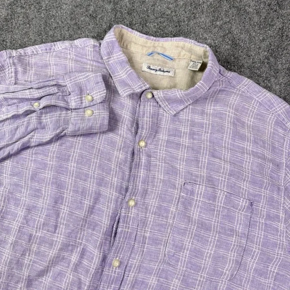 Tommy Bahama Mens Shirt 3XL Relaxed Purple Plaid 100% Linen Long Sleeve