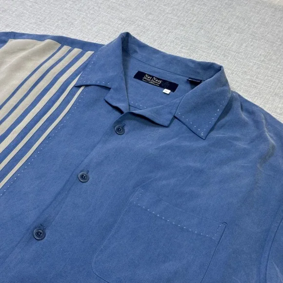 Nat Nast Button-Up Shirt Mens XL Blue Colorblock Silk Short Sleeve Relaxed Fit