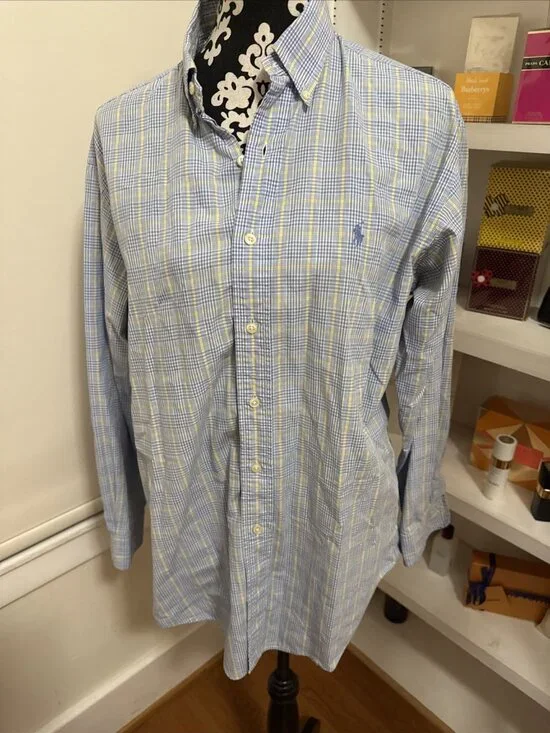 ralph lauren button down shirt mens 15.5 32 YARMOUTH plaid blue