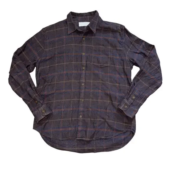 Road to Nowhere Charcoal Brown Slate Blue Organic Cotton Flannel Shirt Plaid L