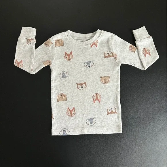 Carters Toddler 2T Gray Woodland Animal Fox Bear Owl Long Sleeve Pajama Top 1484