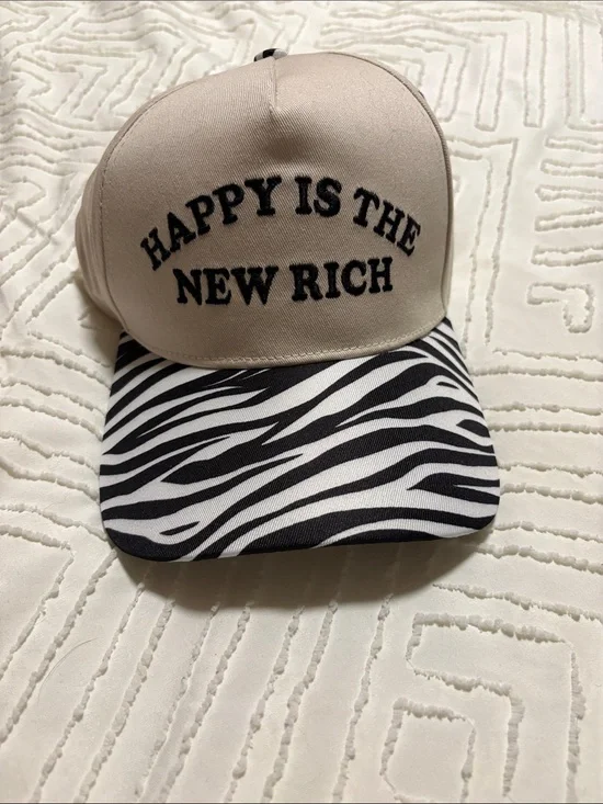 Beige and Black Zebra Print Cap - Happy Is The New Rich NWOT