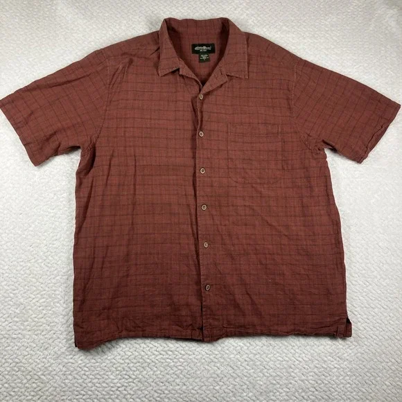 Eddie Bauer Shirt Mens Large Linen‎ Blend Button Plaid Breathable Outdoors