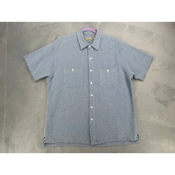 Vintage L.L. Bean Button Down Shirt Mens L Blue Textured Made in Hong Kong