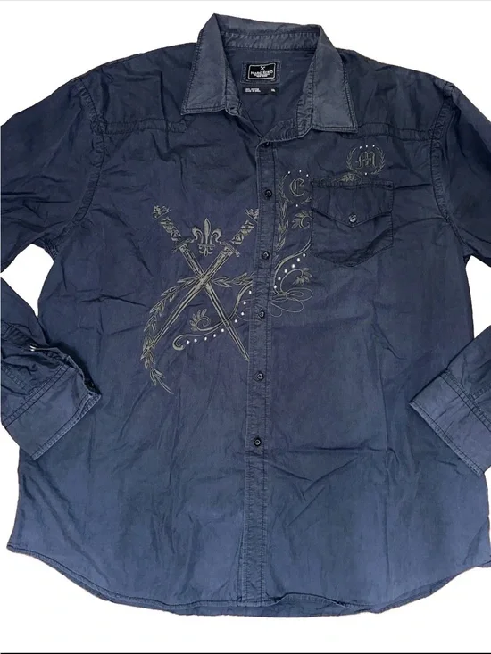 Marc Ecko Men's Big & Tall 3XL Black Solid Woven Cotton Button Down Studded Y2K