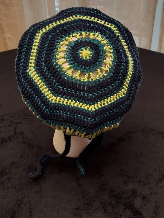 Crochet Bonnet Style Hat/Scrub Cap/Hair Cocering In Navy, Teal & Yellow