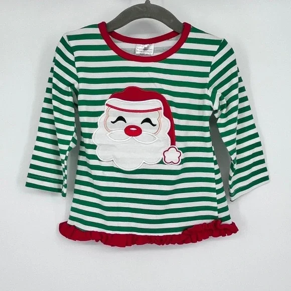 Christmas Santa Set Girls 2T Red Green Stripe Polka Dot Ruffle Festive‎ Holidays