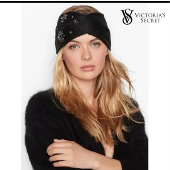 New Victoria's Secret Headband Winter Angel Sparkle Snowflake Ear Warmer Black