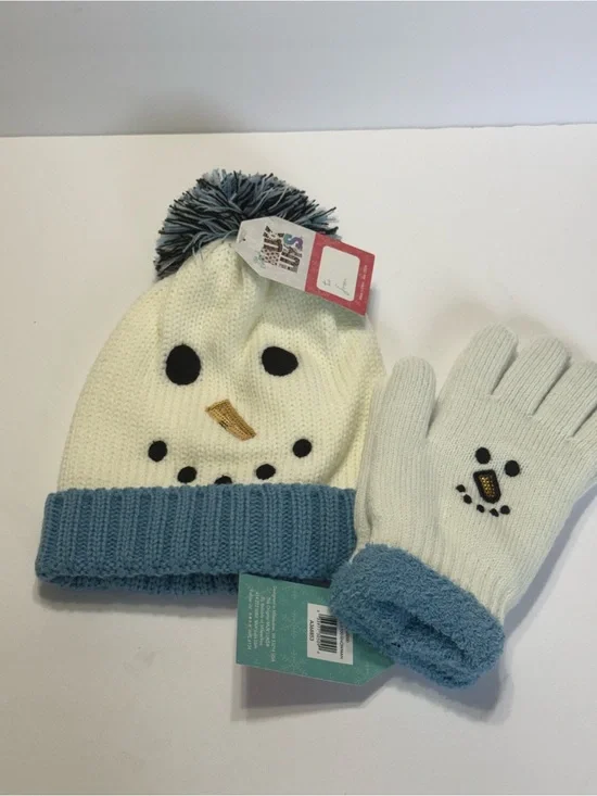 Muk Luks Holiday Snowman Hat and Gloves Set - White & Blue NWT