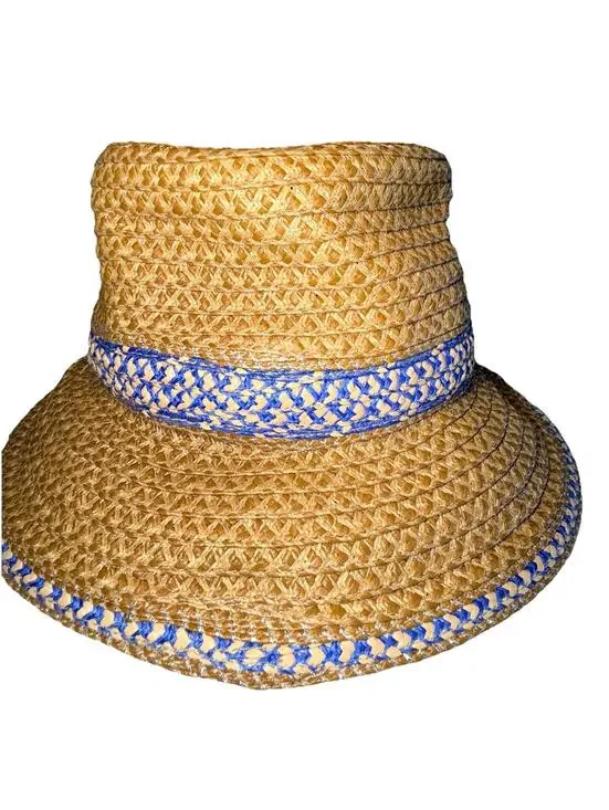 Eric Javits Woven Raffia Straw Hat UPF 50+ Packable Squishee Bucket Beige Blue