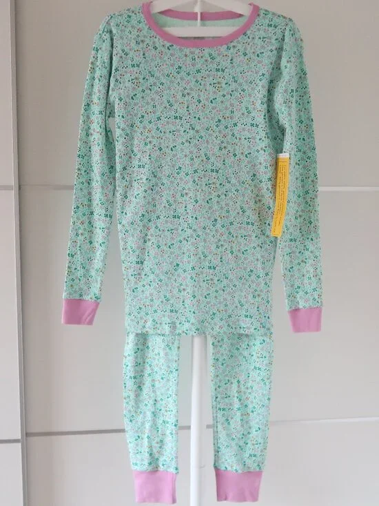 J. Crew Crewcuts Girls 14 Floral Cotton Pajama Set Mint Green Pink Long Sleeve