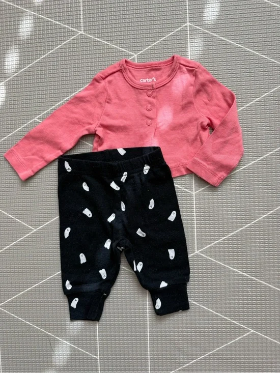 Carter's|Baby girl Pink Long-Sleeve cardigan Top & Ghost BOO Print pants•3M