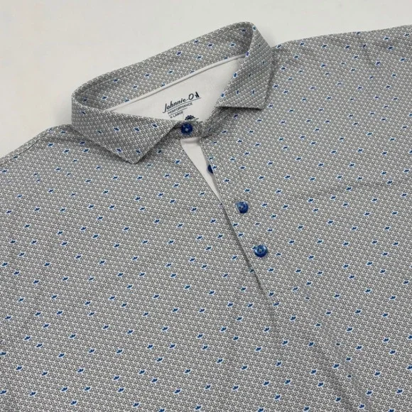 Johnnie-O Performance Mens XL Grey Blue Geometric Print UPF 50 Golf Polo Shirt