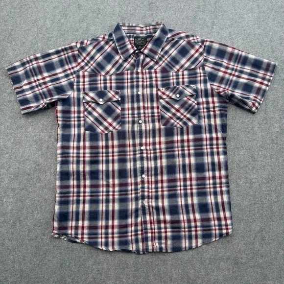 Canyon Guide Outfitters Mens XL Blue Red Plaid Western Snap Shirt Short Sleeve