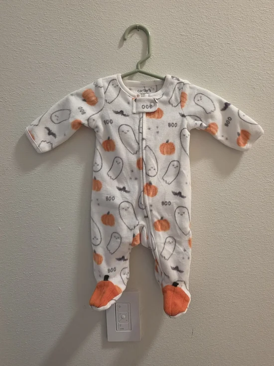 Carter's White & Orange Halloween Ghost Print Footed One-Piece