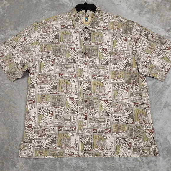 Kahala Mens 2XL Short Sleeve Button-Up Turtle Fish Boat Geometric Hawaiian Shirt