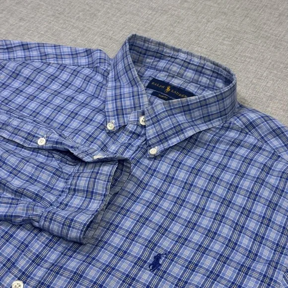 Ralph Lauren Slim Fit Button-Down Shirt Mens 2XL Blue Plaid Cotton Long Sleeve