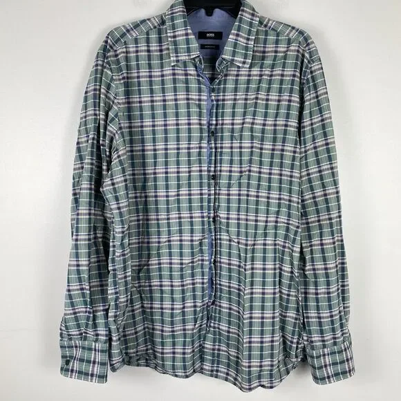 Hugo Boss Mens Plaid Shirt‎ Button Up Sz XL Preppy Work Business Casual