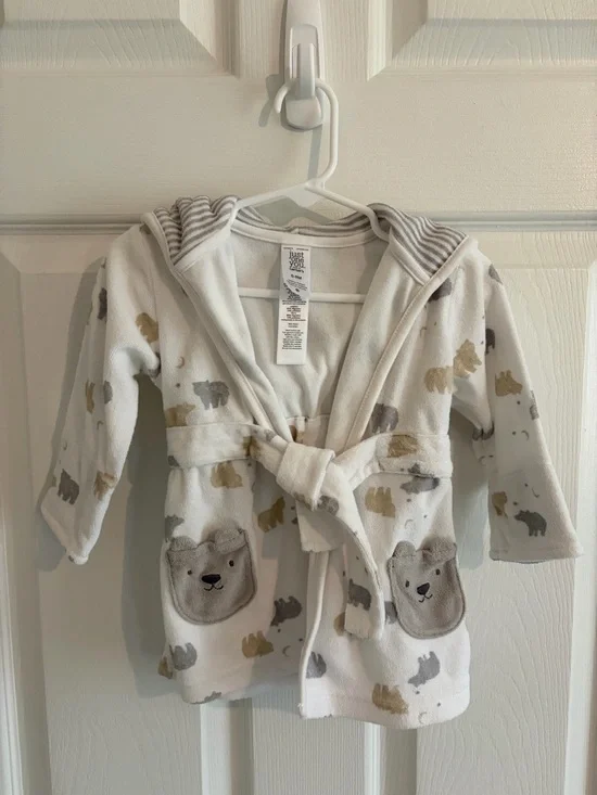 Carter’s Baby Hooded Bathrobe 0-9M Neutral Bear Print Plush Spa Robe