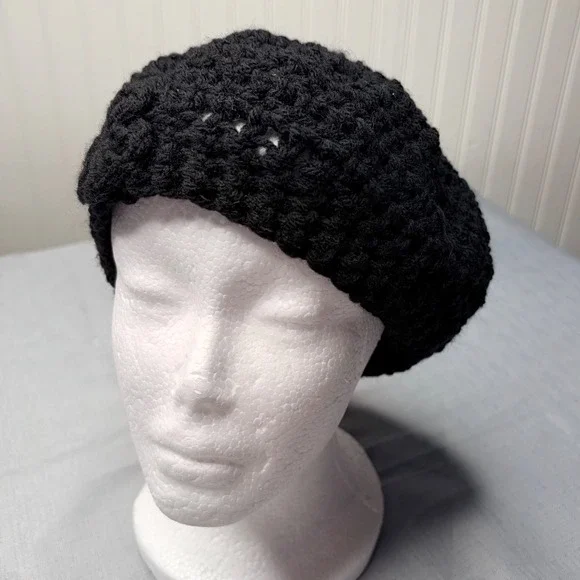 Handmade Beret Hat One Size Black Crochet Knit Slouchy French Artist Tam