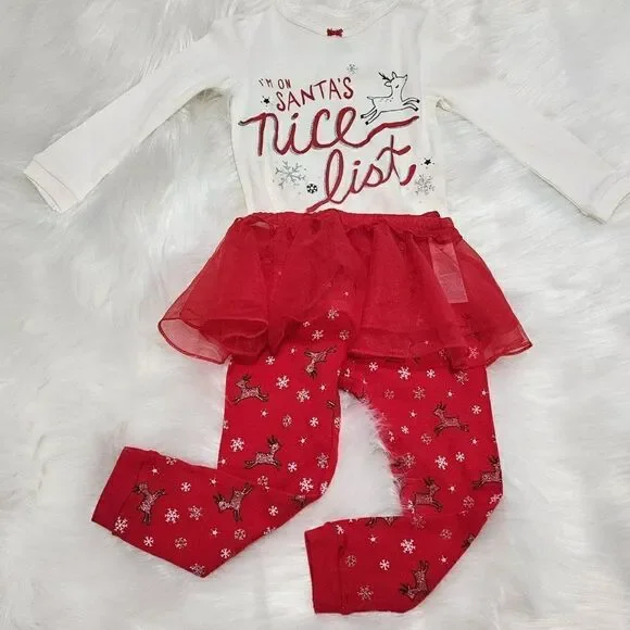 NWOT‎ Carter's Toddler Girl 12 Mths Santa's Nice list Pajama Tutu set Red White