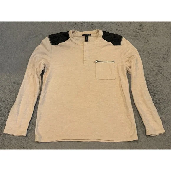 I.N.C Henley Shirt Mens XL Beige Zipper Chest Pocket Sueded Shoulder Waffle Knit