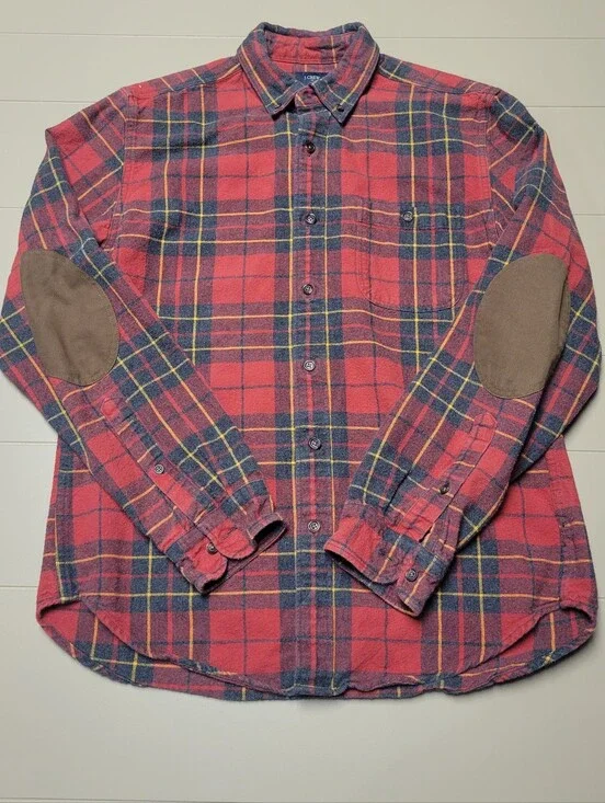 J. Crew Red and Navy Plaid Button-Down Shirt with Brown Elbow Patches