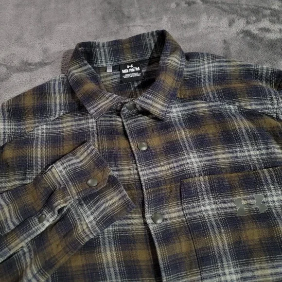 Under Armour Shirt Men Med Green Blue Plaid Tradesman Flex Flannel Snap Outdoor