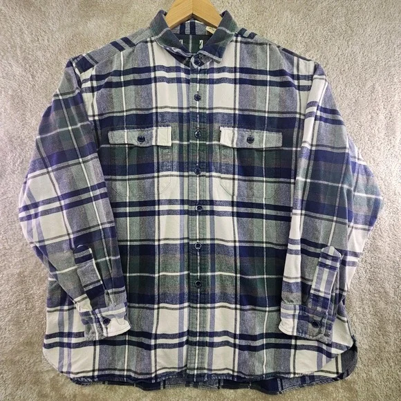 Vintage 90s L.L. Bean Flannel Shirt Mens XL Heavy Cotton Green Blue Tartan Plaid