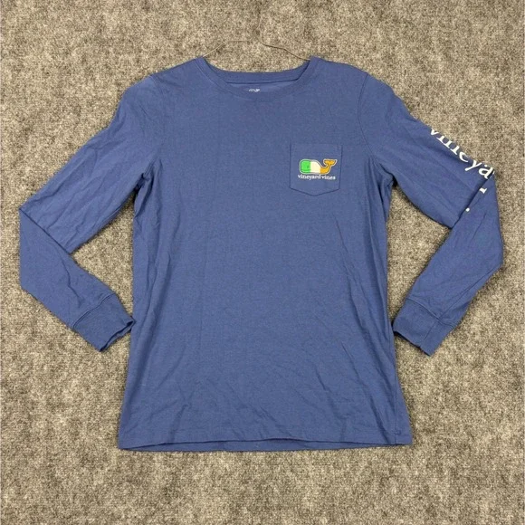 Vineyard Vines Mens XS Blue Irish Flag Whale Long Sleeve Pocket T-Shirt Cotton