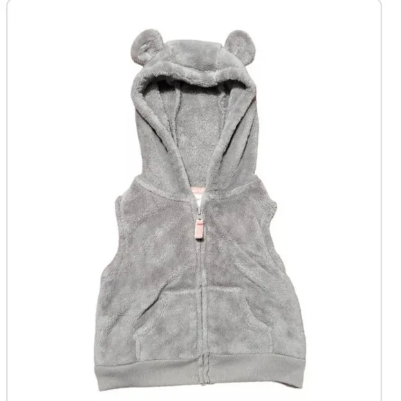 Baby Girl 6 Month Gray Hooded Vest Zip Up Bear Ears Faux Fur Pocket Coat Infant