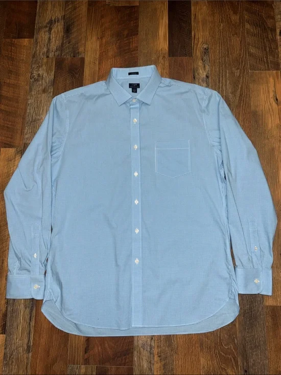 J.Crew Thompson Stretch Wrinkle Free Blue Gingham Dress Shirt XL 17-17.5