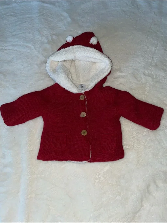 Carter’s size 3 mos fleece-lined red knit cardigan w/hood