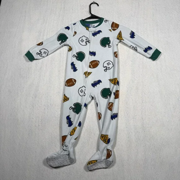 Carters Toddler Boys 3T Fleece Footed Pajamas Sports Football Helmet White Green