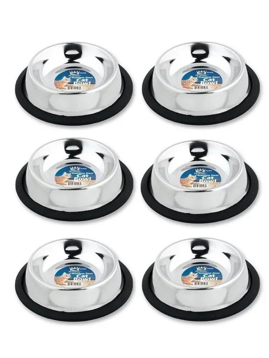 6 Pack Pet King Stainless Steel Cat Bowls Small Dog Water Food No Tip, 6 oz Each