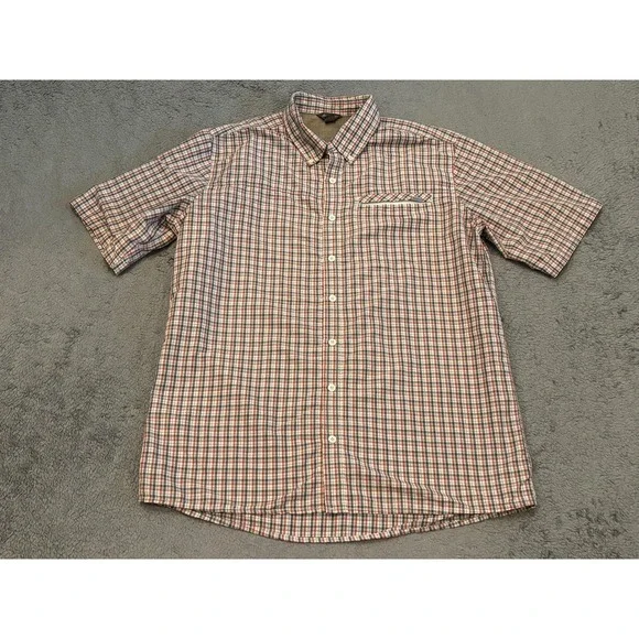Eddie Bauer Travex Shirt Mens TL Vented Short Sleeve Button Red White Blue Plaid